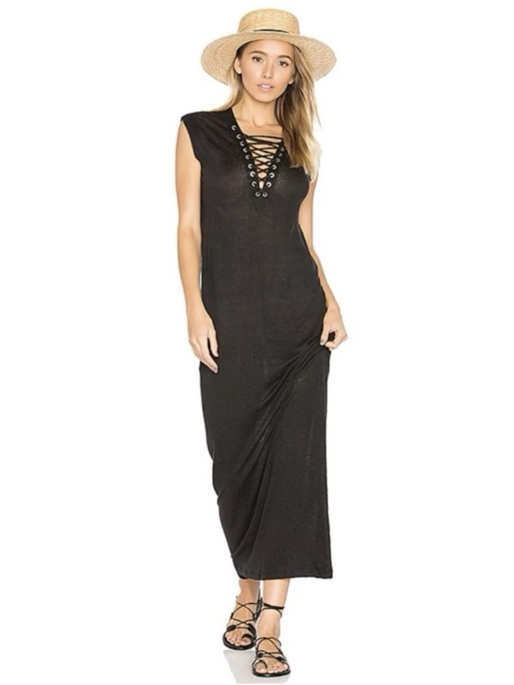 IRO Daisy Linen Lace Up V-Neck Sleeveless Linen Maxi Dress